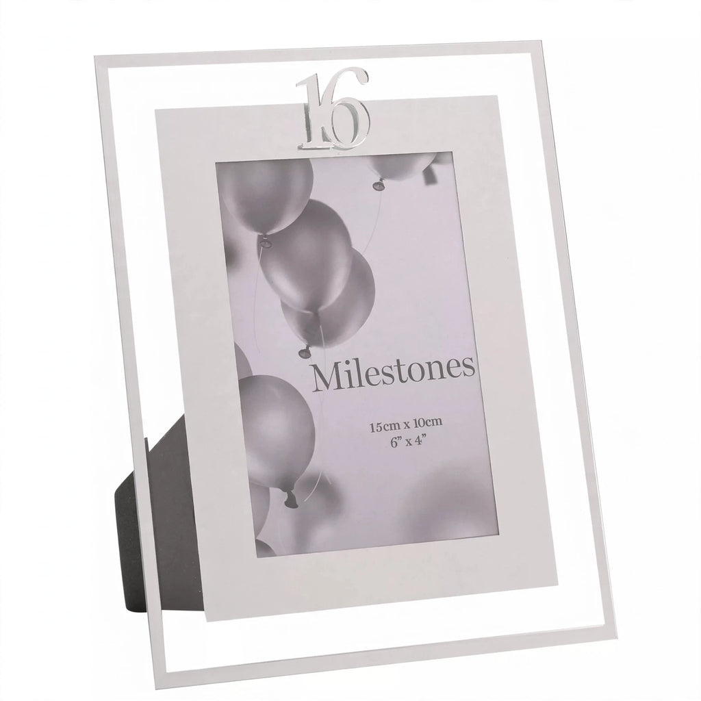 Milestones Gift Photo Frame Silver Age 16 holding a 4x6 photo with silver finish