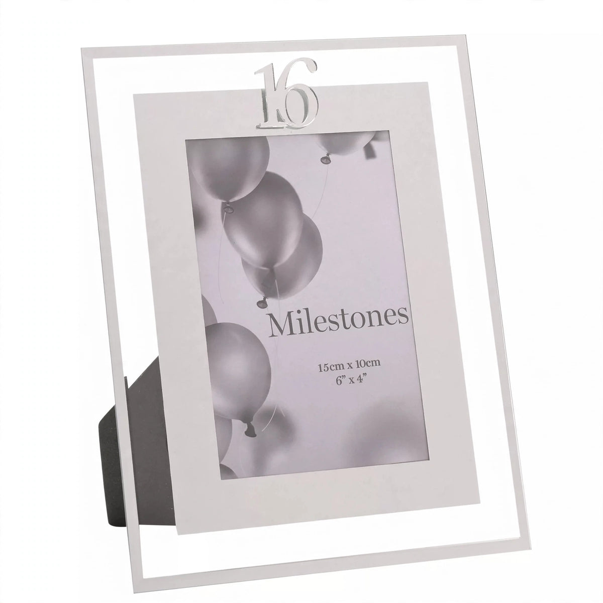 Milestones Gift Photo Frame Silver Age 16 holding a 4x6 photo with silver finish