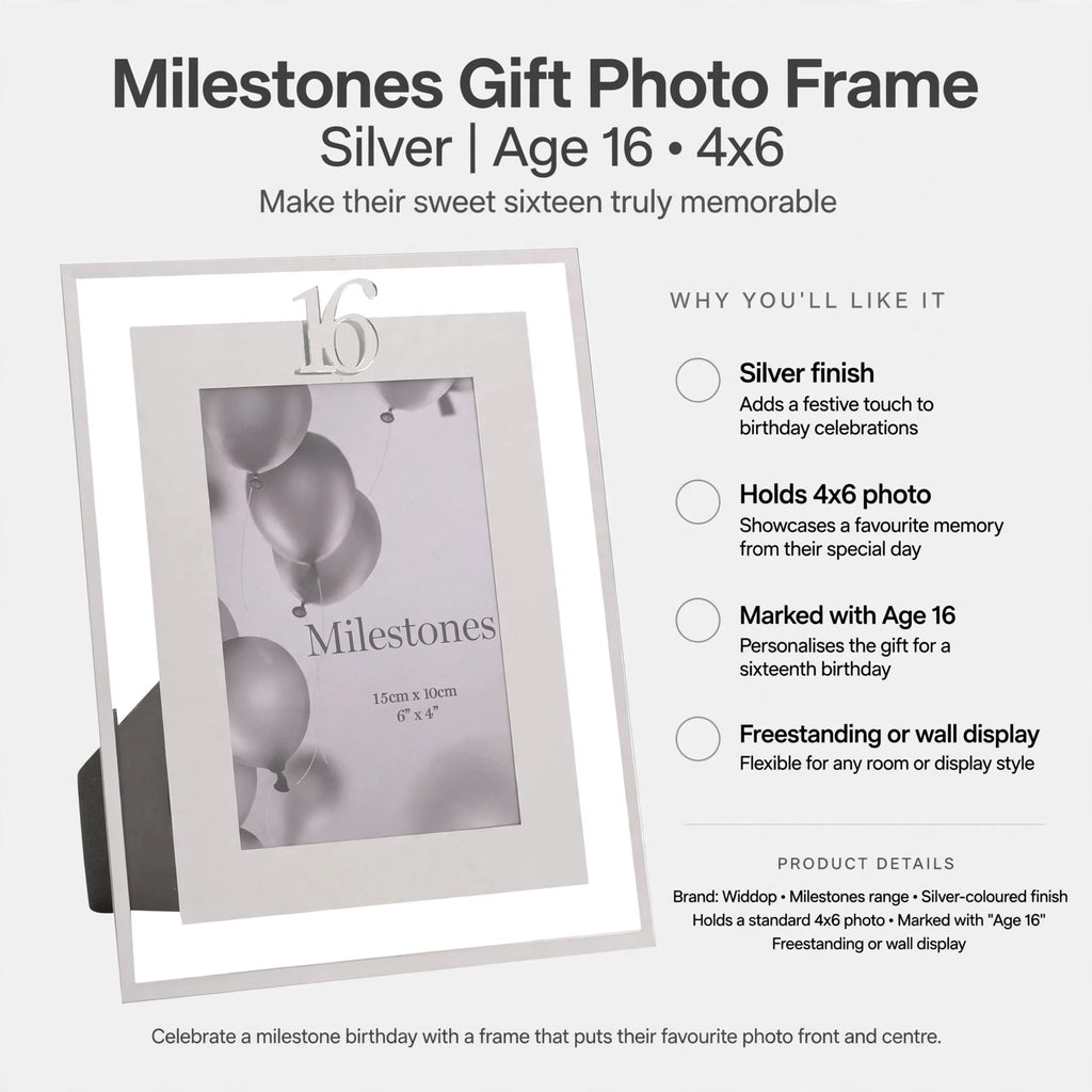 Photo frame features silver finish, holds 4x6 photo, marked with Age 16, freestanding or wall display