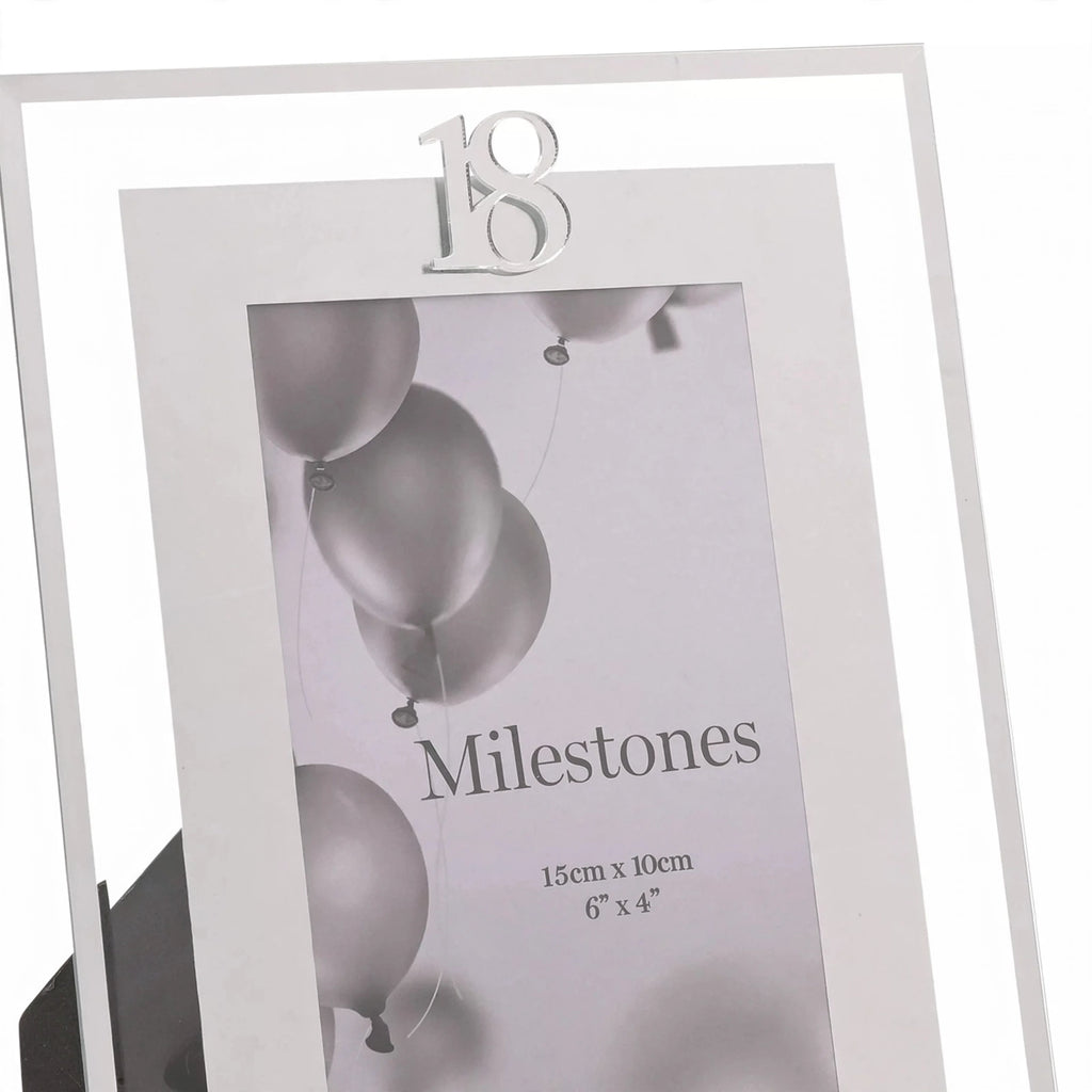 Close-up of Milestones Gift Photo Frame Silver Age 18 showing silver finish and Age 18 marking