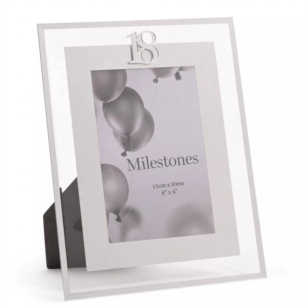Milestones Gift Photo Frame Silver Age 18 with silver finish holding a 4x6 photo