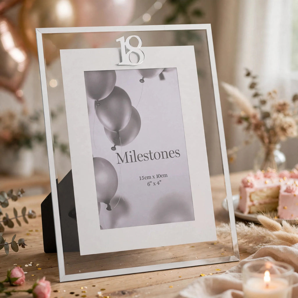 Milestones Gift Photo Frame Silver Age 18 displayed on a desk or shelf