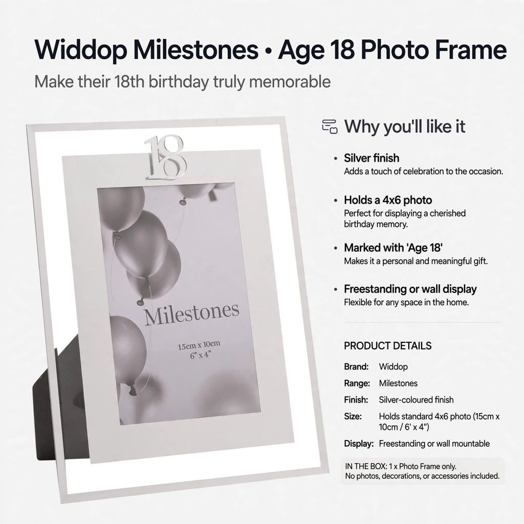 Photo frame suitable for freestanding or wall display with silver finish and Age 18 marking