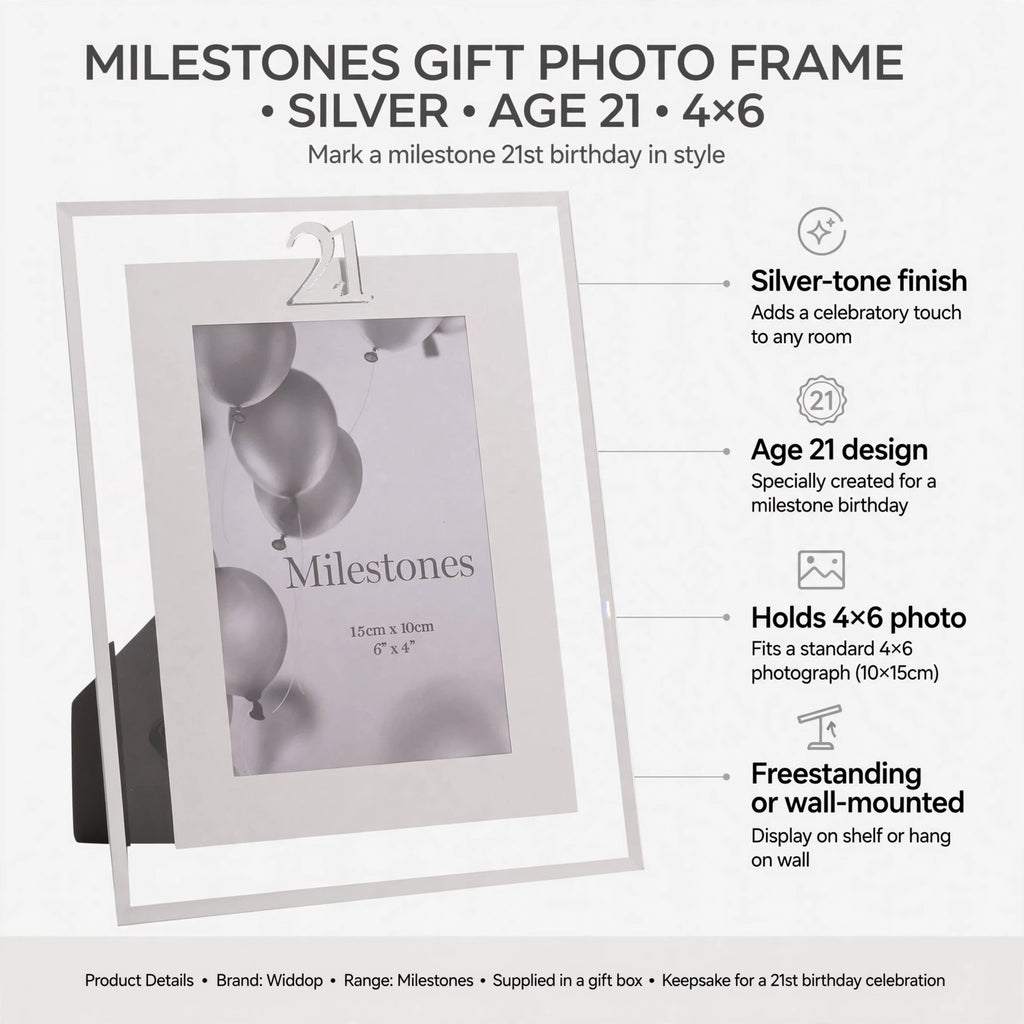 Photo frame features silver-tone finish, Age 21 design, holds 4x6 photo, freestanding or wall-mounted