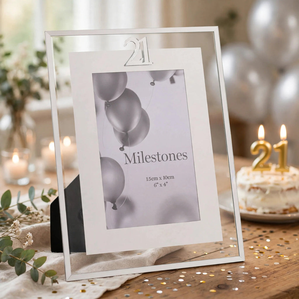 Milestones Gift Photo Frame Silver Age 21 displayed with a 4x6 photo for a 21st birthday