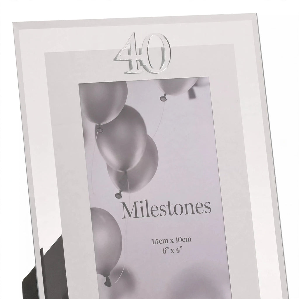 Close-up of Milestones Gift Photo Frame Silver Age 40 showing decorative border and silver-tone finish