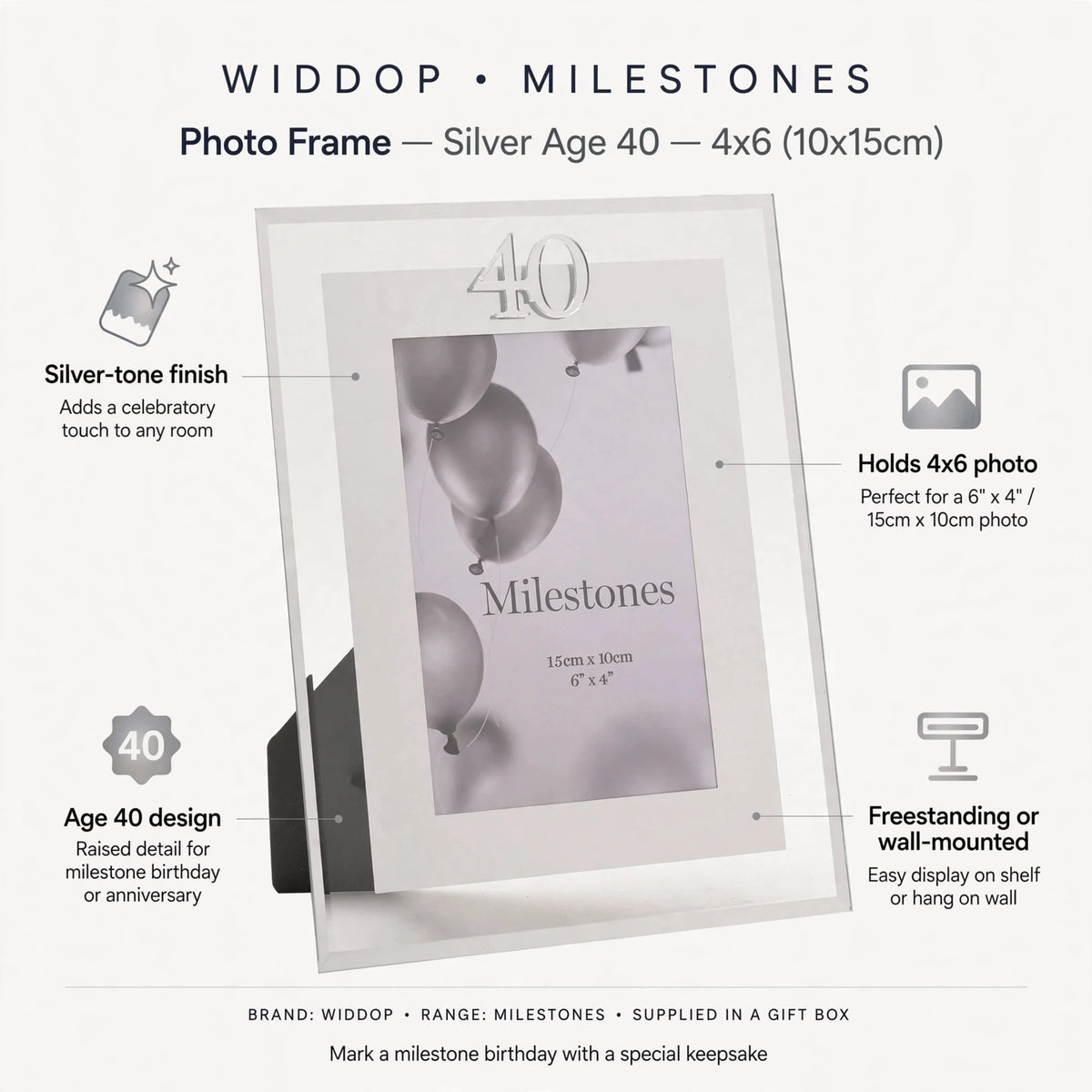 Photo frame features silver-tone finish, Age 40 design, decorative border, holds 4x6 photo