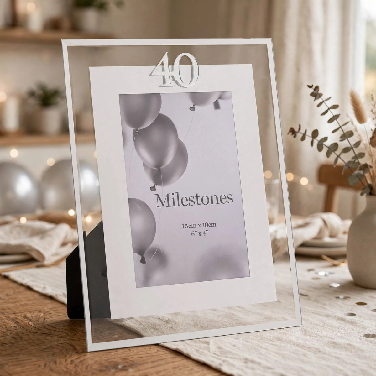 Milestones Gift Photo Frame Silver Age 40 displayed with 4x6 photo in home setting