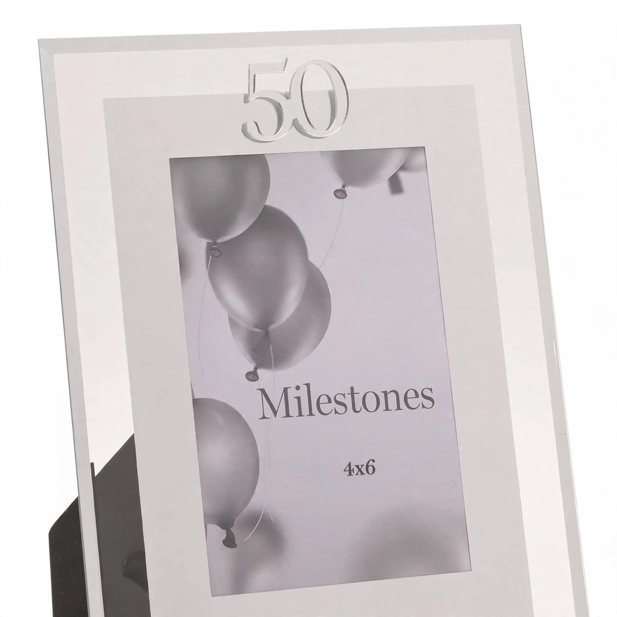 Close-up of silver Milestones Gift Photo Frame with Age 50 detailing