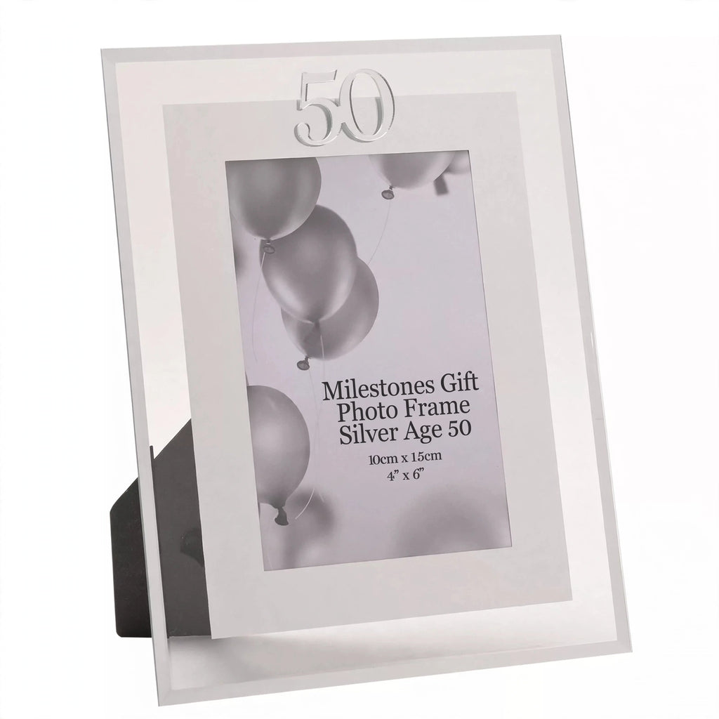 Milestones Gift Photo Frame Silver Age 50 with silver finish and Age 50 lettering