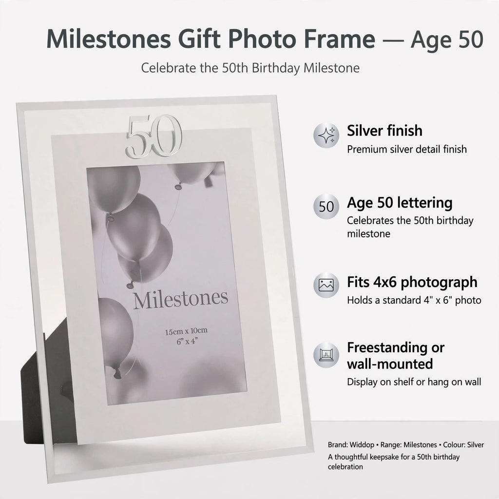Photo frame features silver finish, Age 50 lettering, fits 4x6 photo, freestanding or wall-mounted