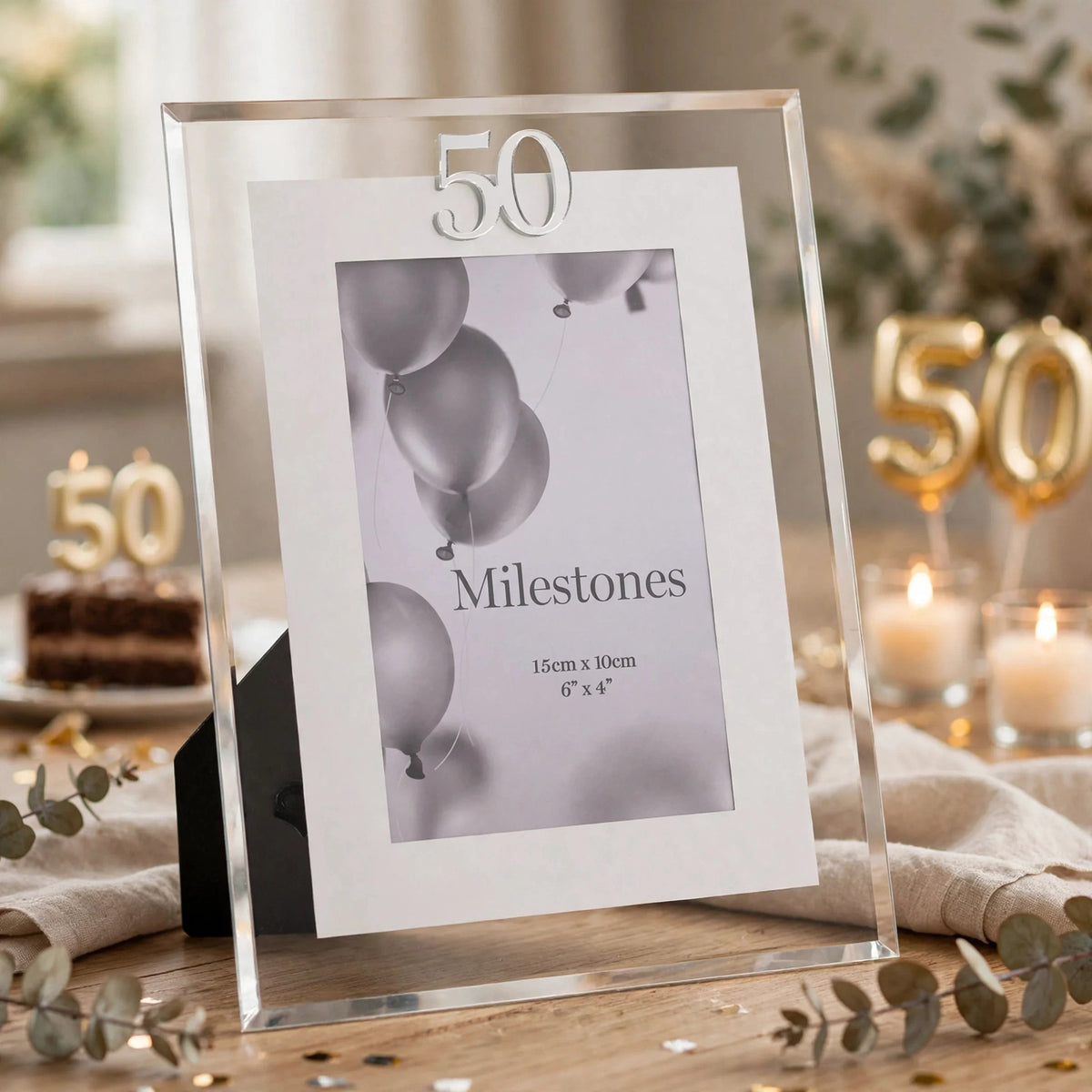 Milestones Gift Photo Frame Silver Age 50 displayed with a 4x6 photograph for a 50th birthday
