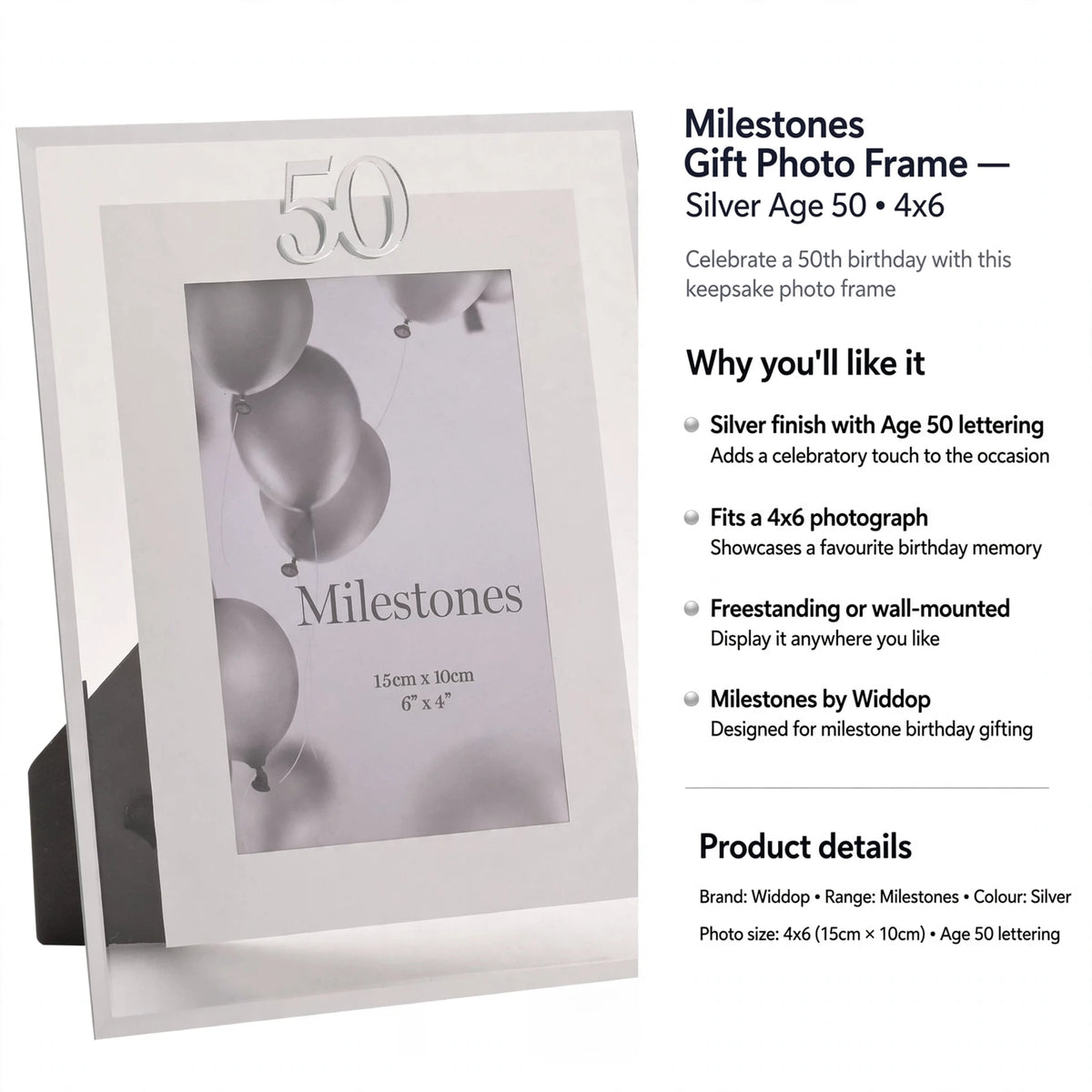 Frame designed for milestone birthday gifting with freestanding or wall-mounted display options
