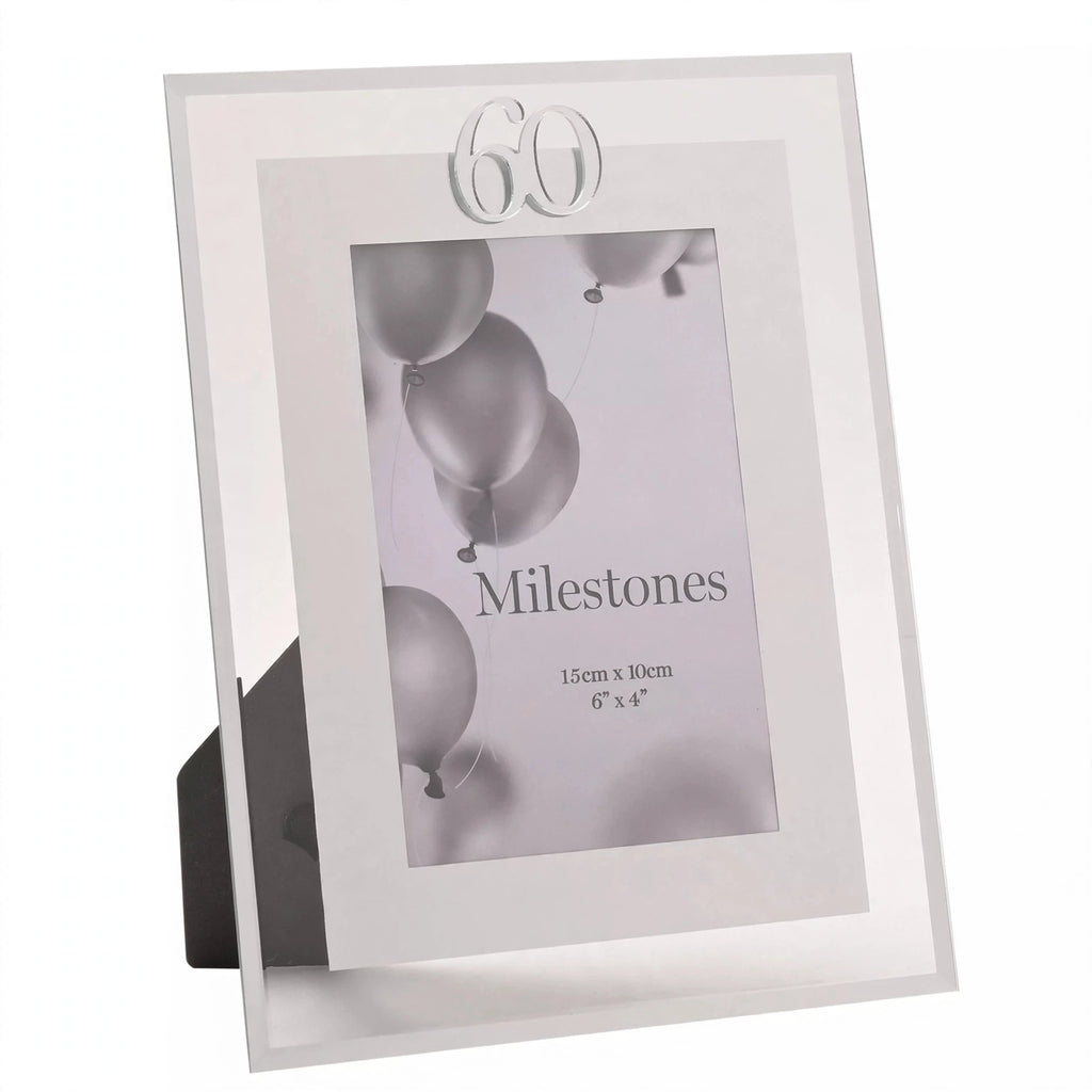 Milestones Gift Photo Frame Silver Age 60 with silver finish holding a 4x6 photo