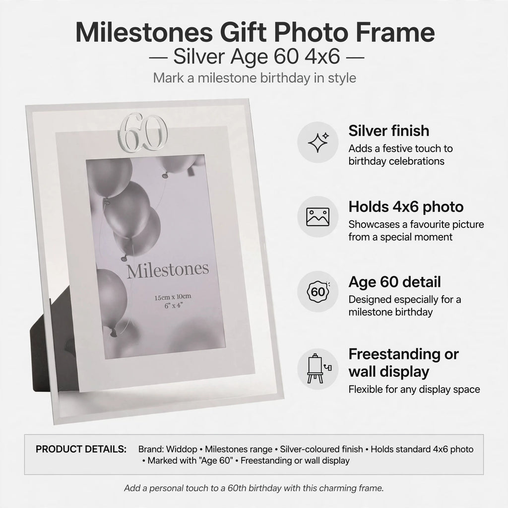 Photo frame features silver finish, holds 4x6 photo, Age 60 detail, freestanding or wall display