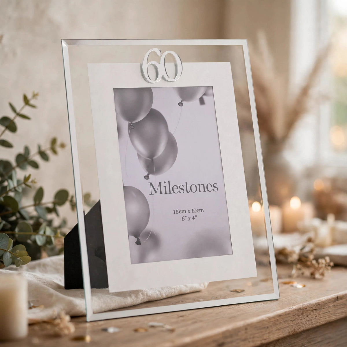 Milestones Gift Photo Frame Silver Age 60 displayed on a desk with a photo inside