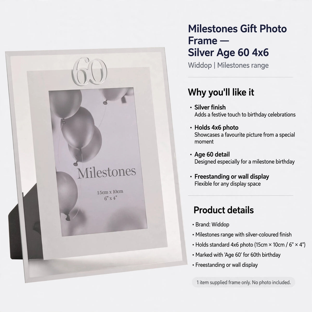 Photo frame can be freestanding or mounted on the wall and holds a 4x6 photo