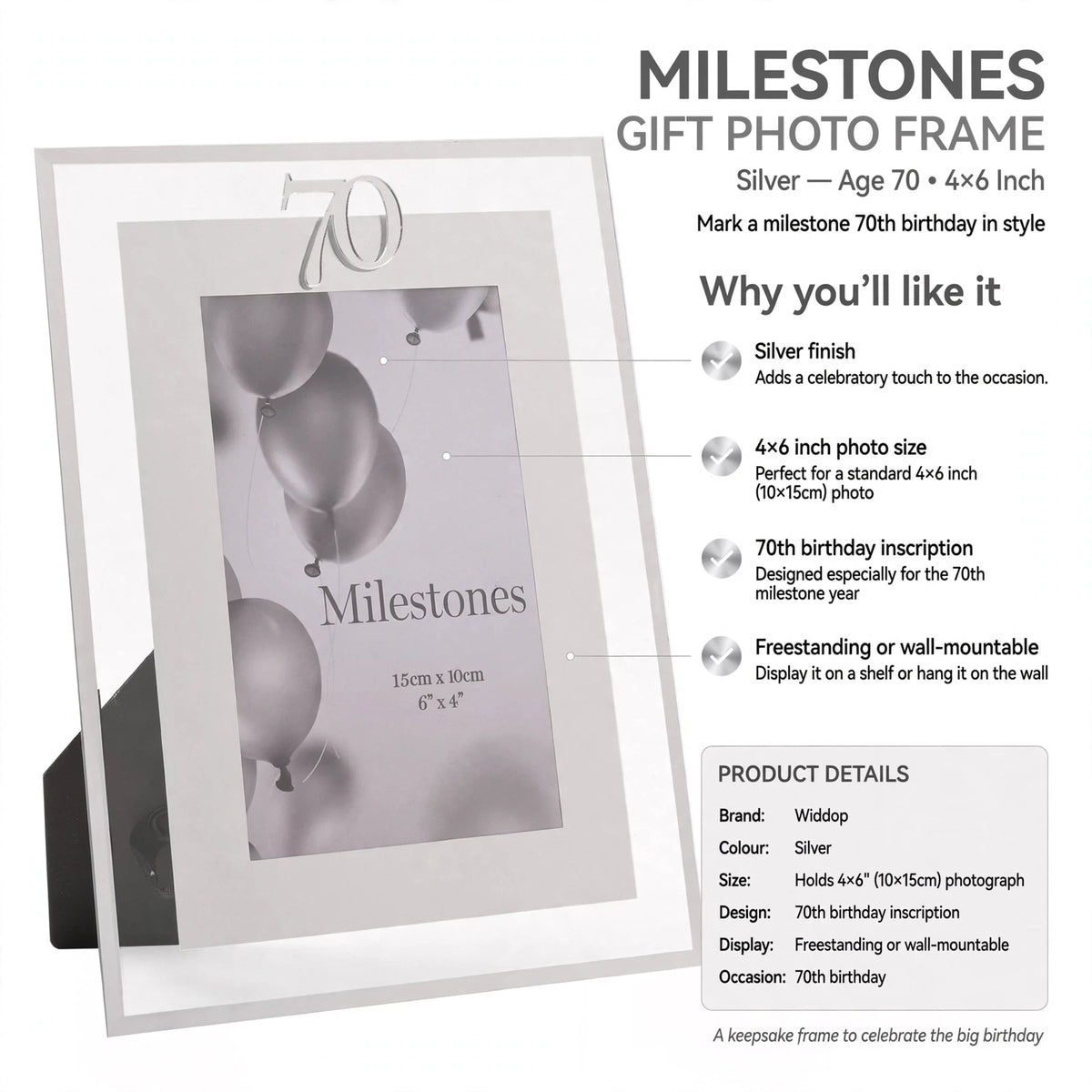 Infographic showing silver finish, 4x6 inch photo size, 70th birthday inscription, and freestanding or wall-mountable display
