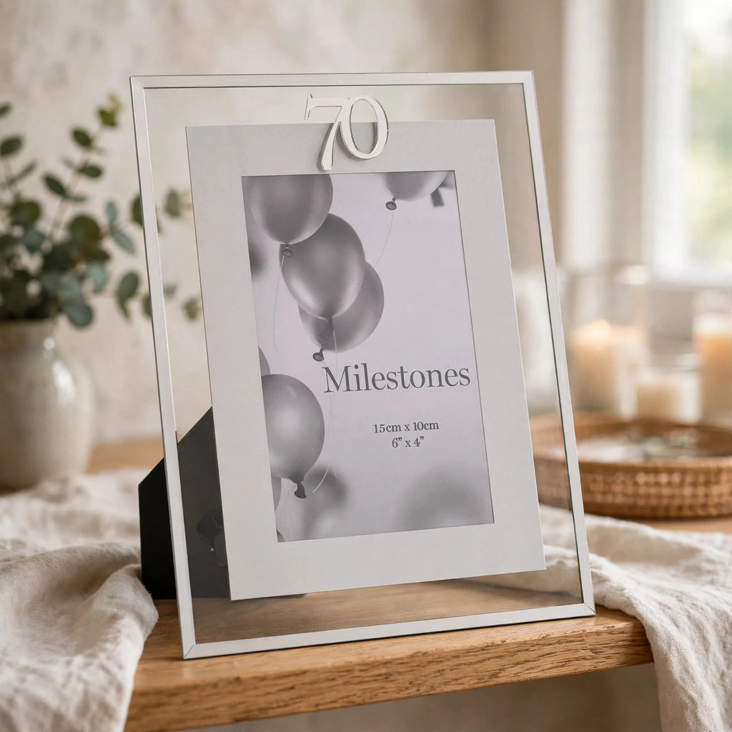 Silver 70th birthday photo frame displayed on a shelf or hung on a wall