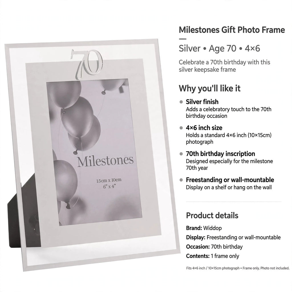 Photo frame designed for 70th birthday with silver finish and options for freestanding or wall mounting