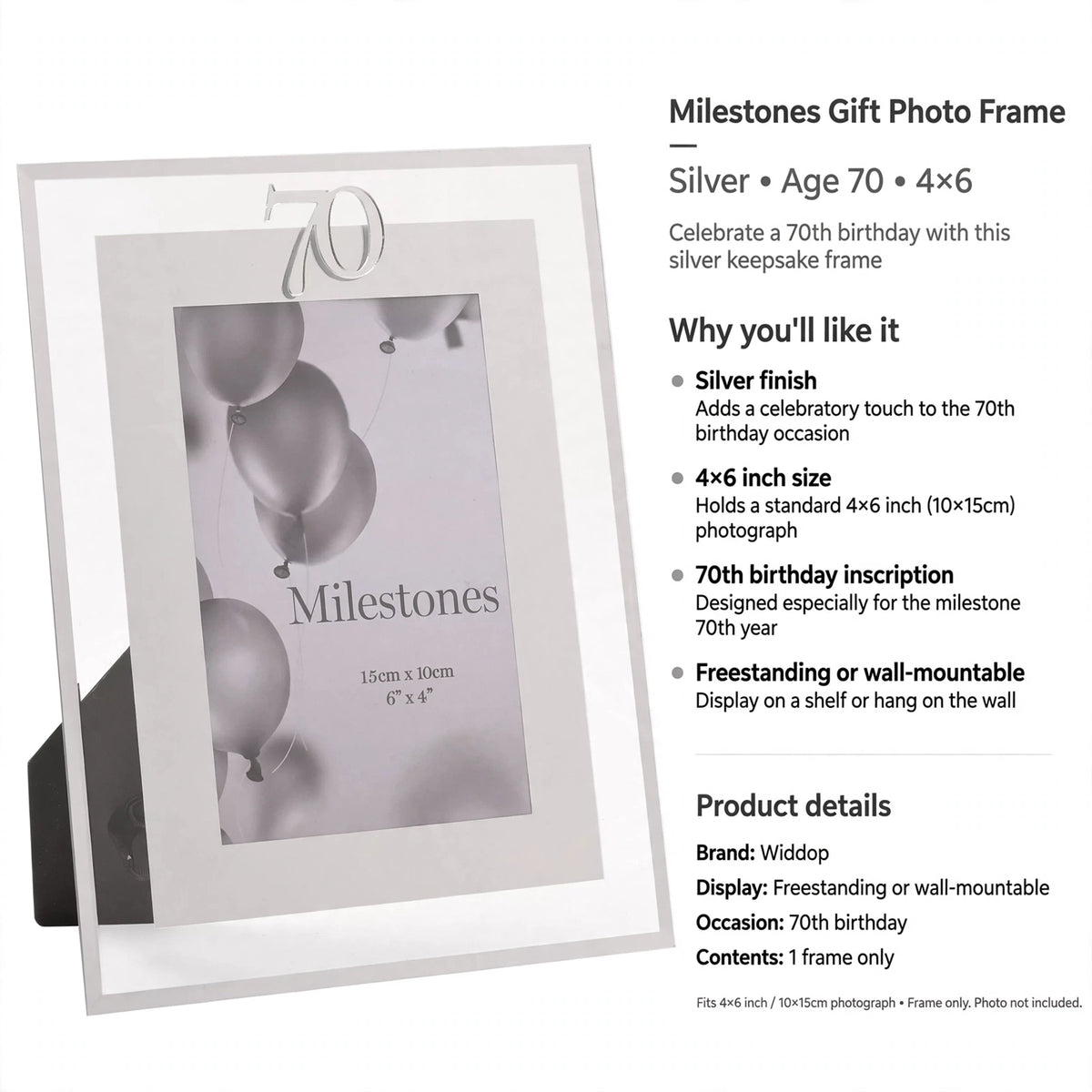 Photo frame designed for 70th birthday with silver finish and options for freestanding or wall mounting