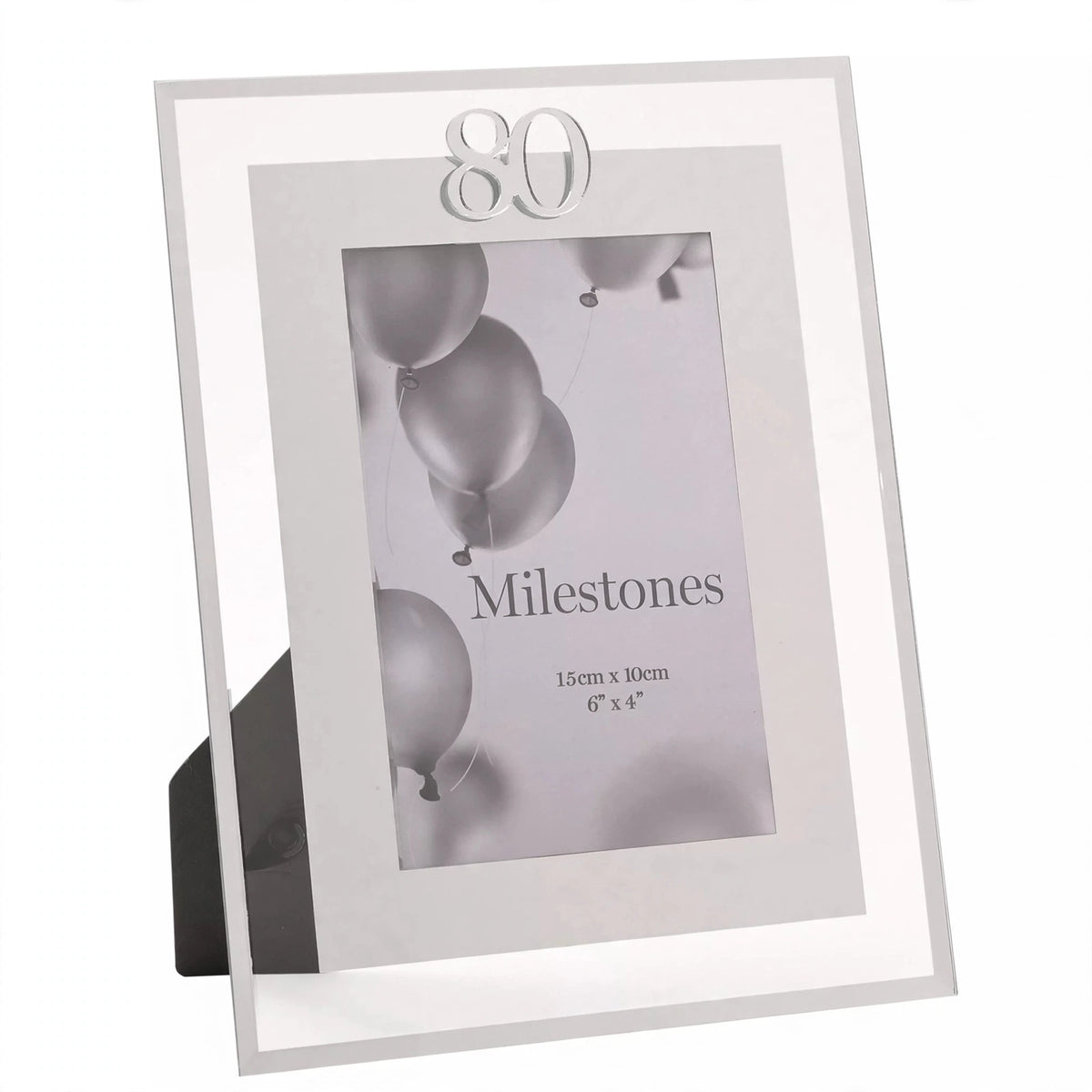 Silver Milestones Gift Photo Frame with 80th birthday inscription holding a 4x6 inch photograph