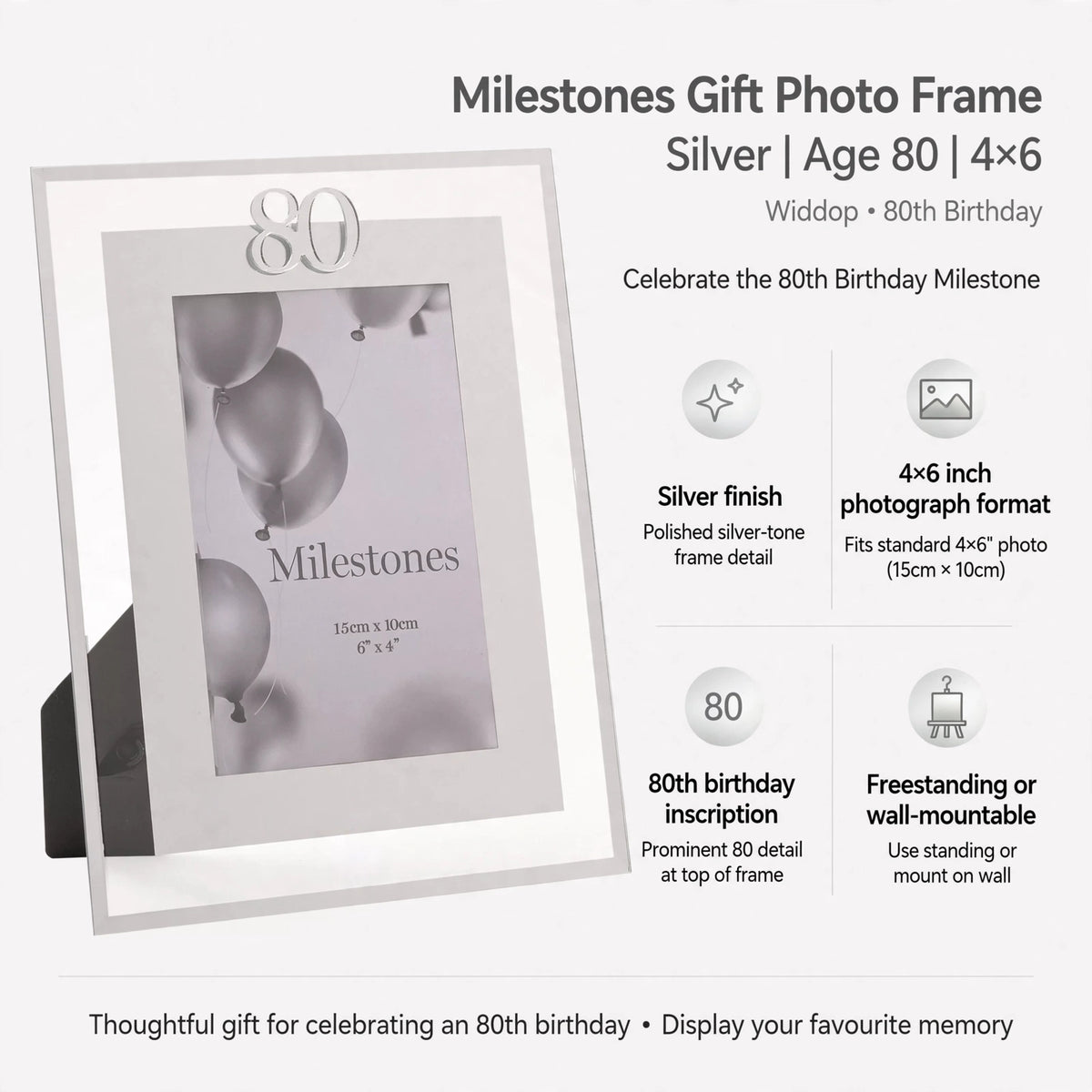 Photo frame features silver finish, 80th birthday inscription, fits 4x6 inch photo, freestanding or wall-mountable display
