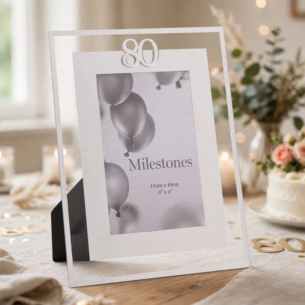 Silver Milestones Gift Photo Frame displayed with 80th birthday inscription in a home setting