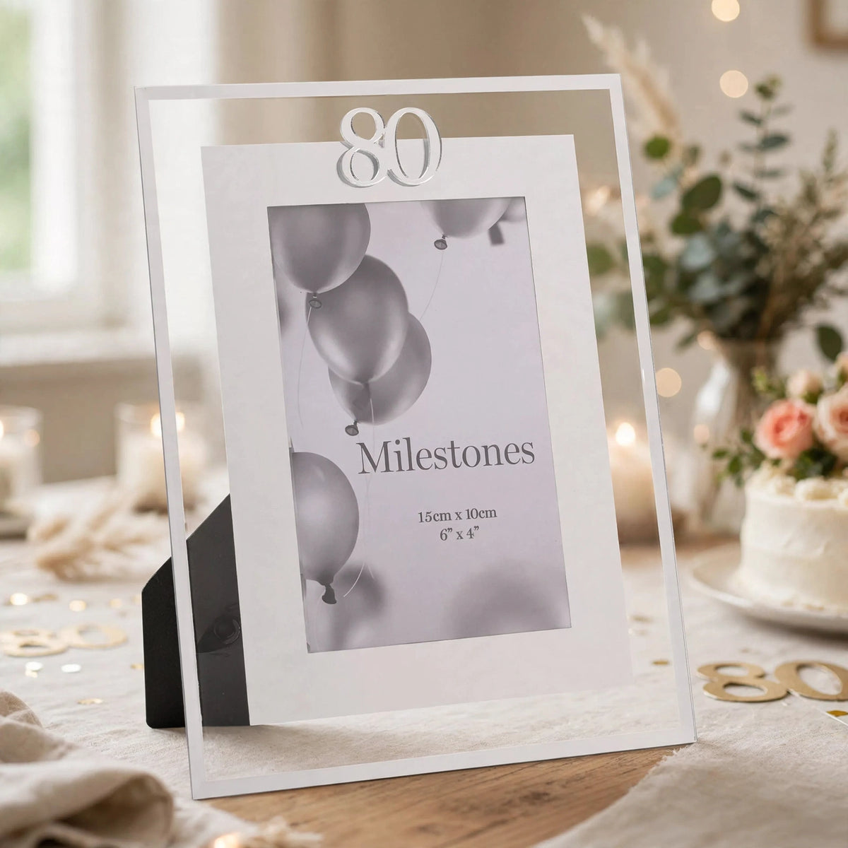Silver Milestones Gift Photo Frame displayed with 80th birthday inscription in a home setting