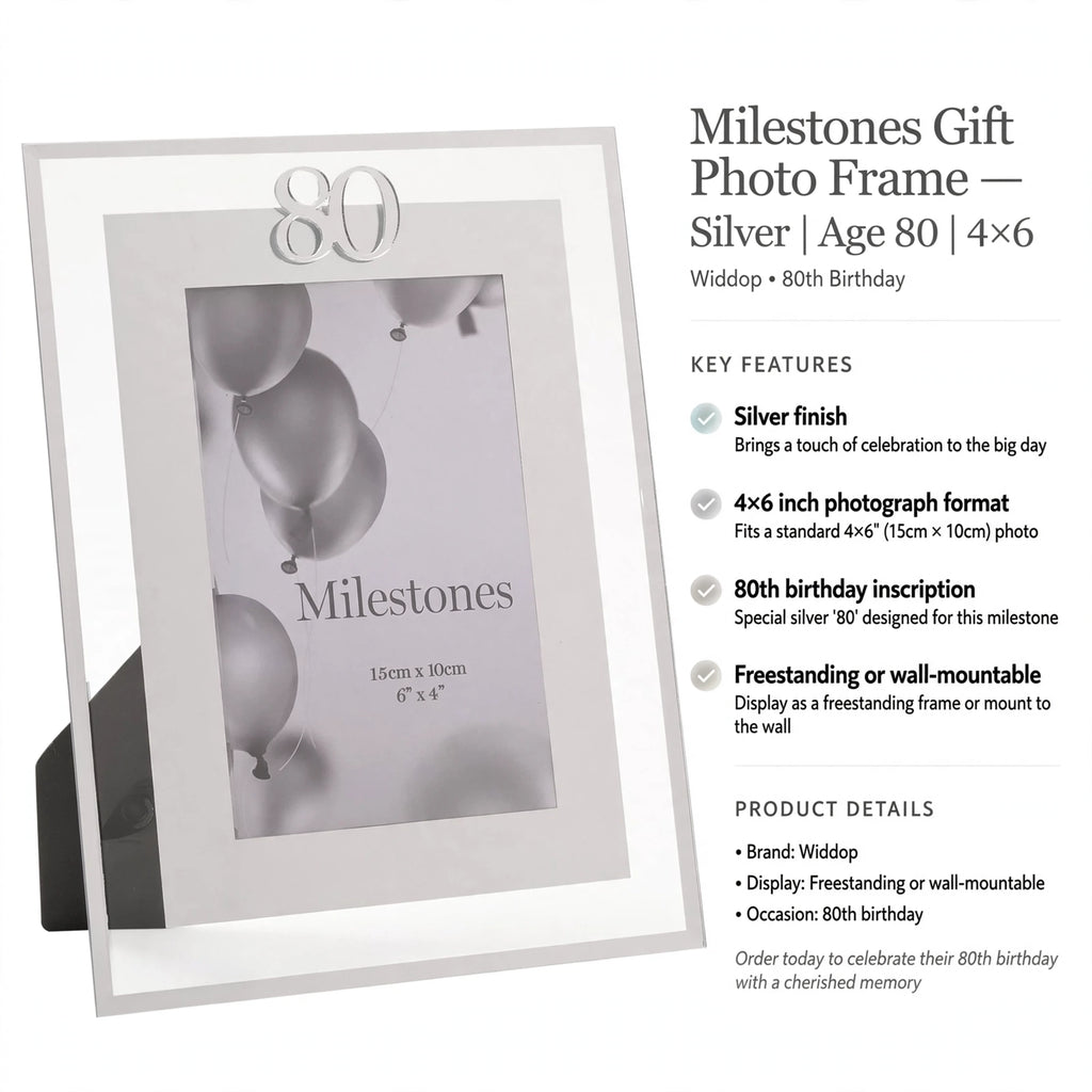 Photo frame designed for 80th birthday with silver finish and flexible display options