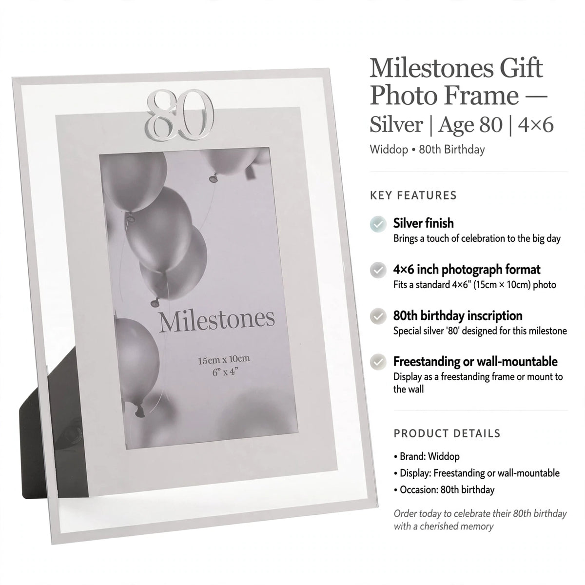 Photo frame designed for 80th birthday with silver finish and flexible display options