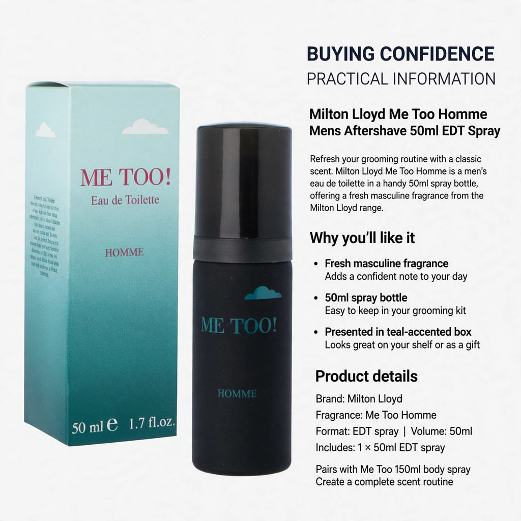 Milton Lloyd Me Too Homme men's aftershave 50ml EDT spray presented in teal-accented box