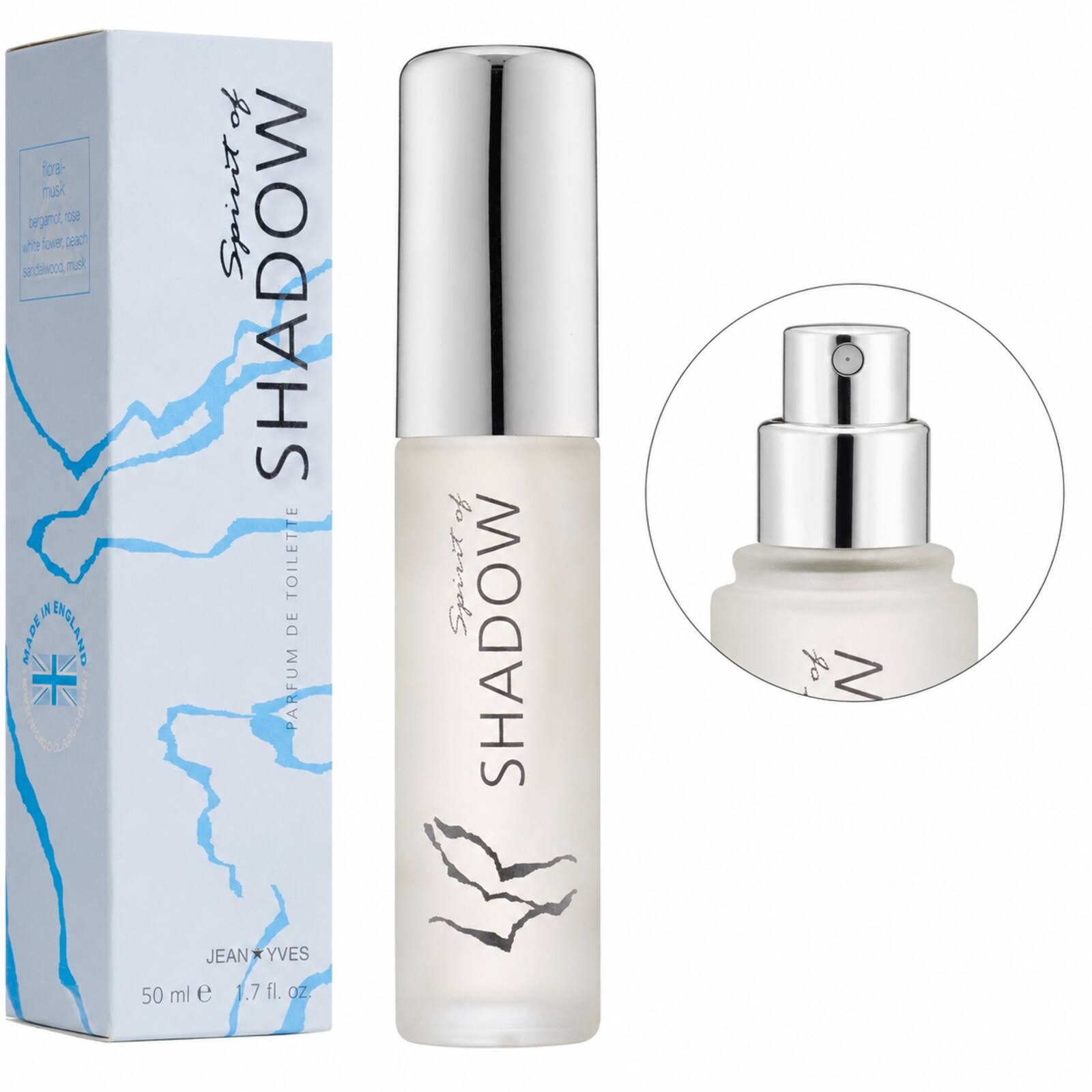 Spirit of Shadow 50ml bottle and box with close-up of the silver spray top