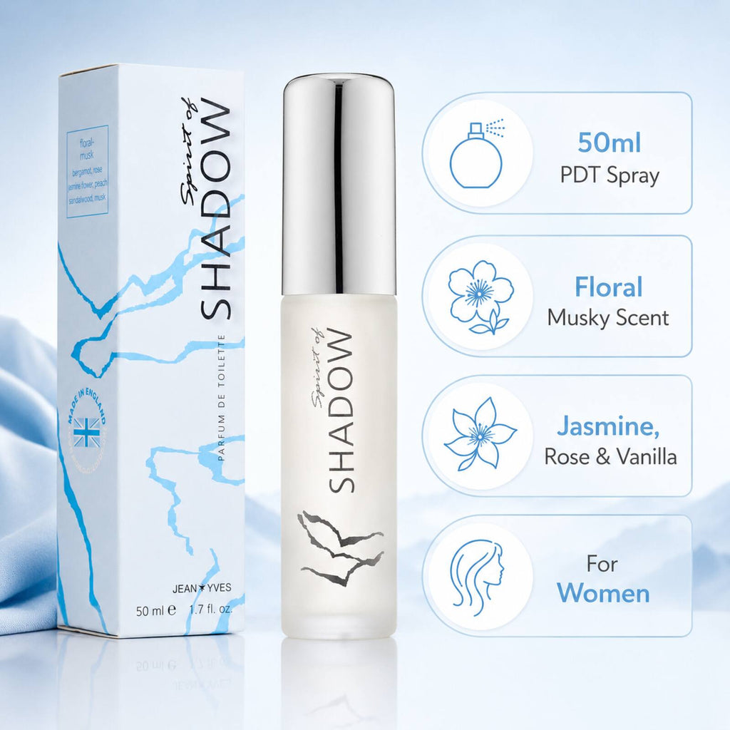 Spirit of Shadow 50ml infographic showing PDT spray, floral musk scent, jasmine rose vanilla notes and women’s fragrance