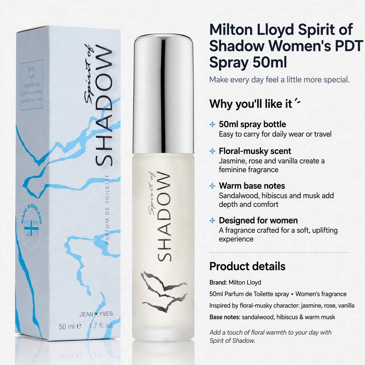 Milton Lloyd Spirit of Shadow 50ml spray bottle suitable for daily wear or travel