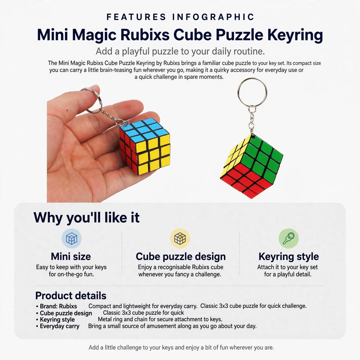 Infographic highlighting mini size, cube puzzle design, and keyring style features