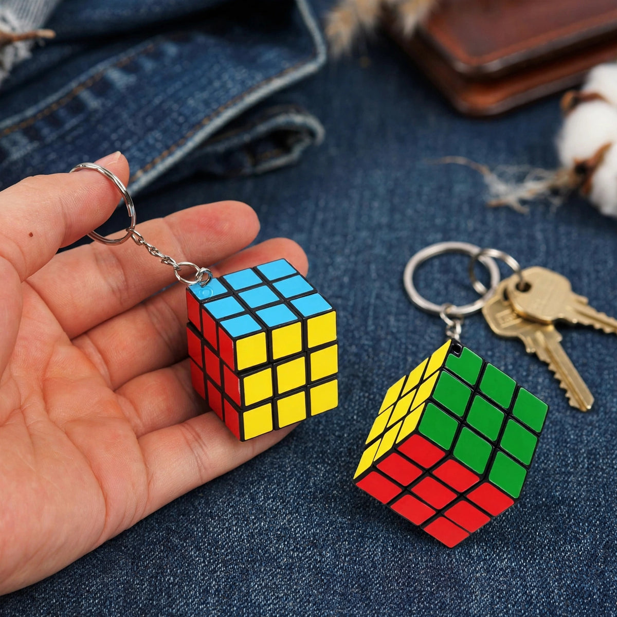Mini Magic Rubixs Cube Puzzle Keyring attached to a key set for everyday use
