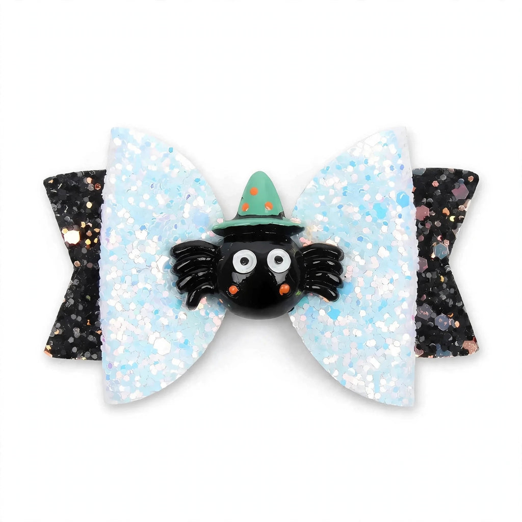 Mischief spider bowknot hair clips with black and silver glitter for Halloween
