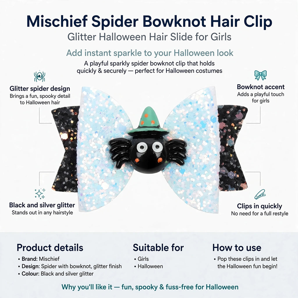 Infographic showing glitter spider design, bowknot accent, black and silver glitter, and quick clip-in feature
