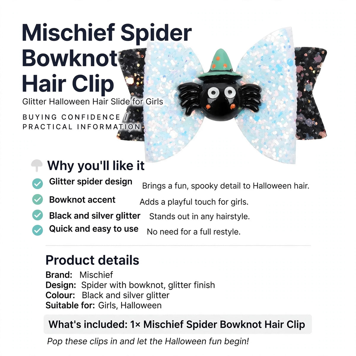 Hair clips designed for girls with a glitter spider design and bowknot for Halloween
