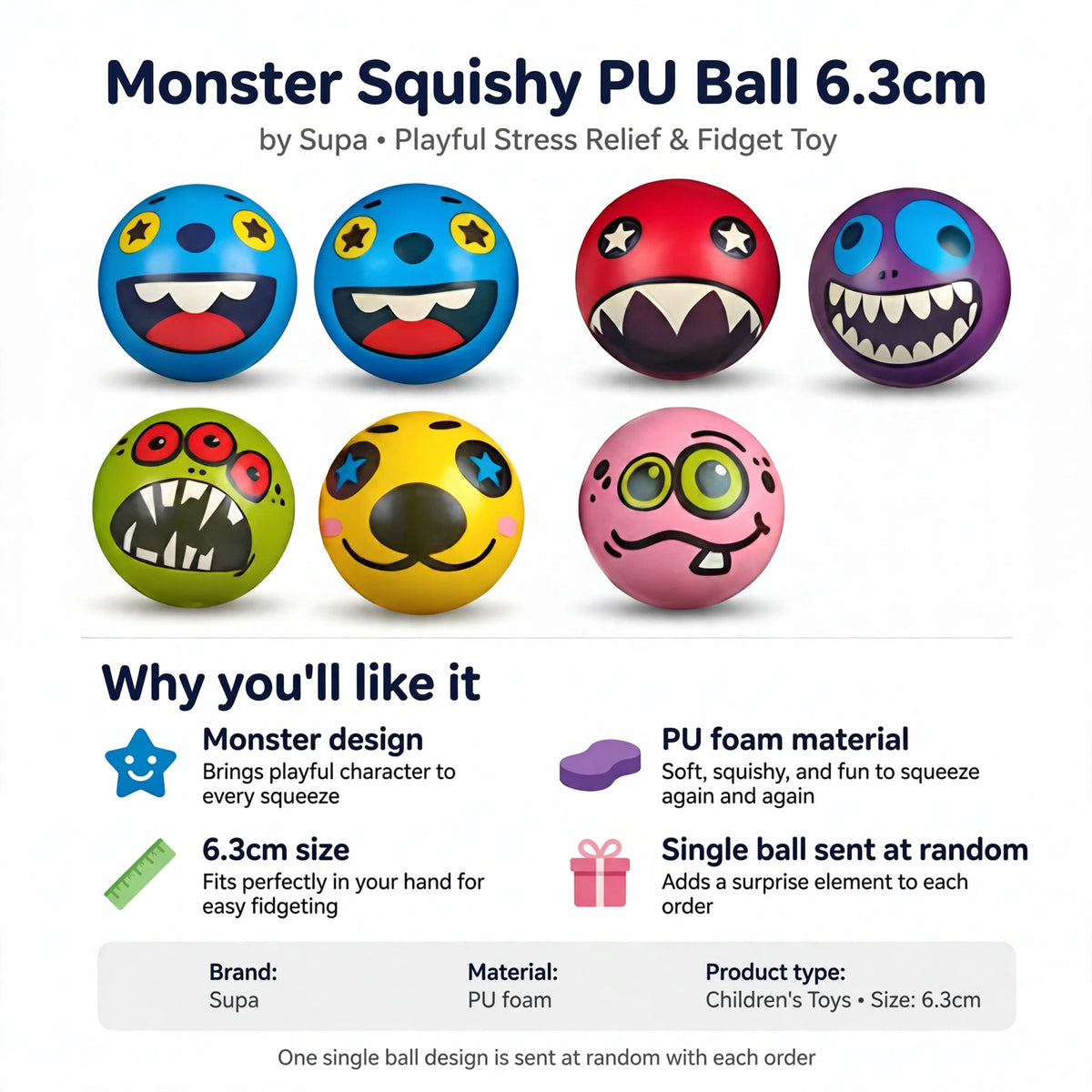 Infographic showing monster design, PU foam material, 6.3cm size, and random single ball selection