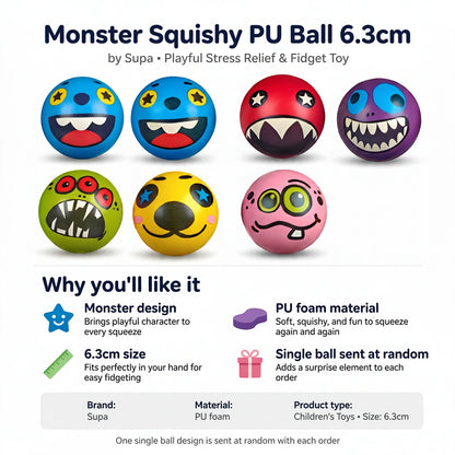 Infographic showing monster design, PU foam material, 6.3cm size, and random single ball selection