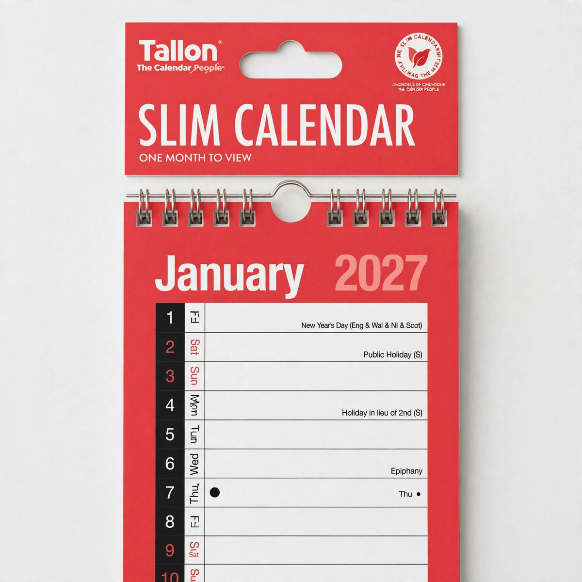 Close-up view of the slim profile and month-to-view layout of the 2027 calendar