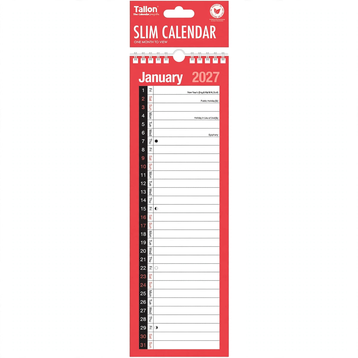 Tallon Month To View Slim 2027 Calendar showing a full month layout
