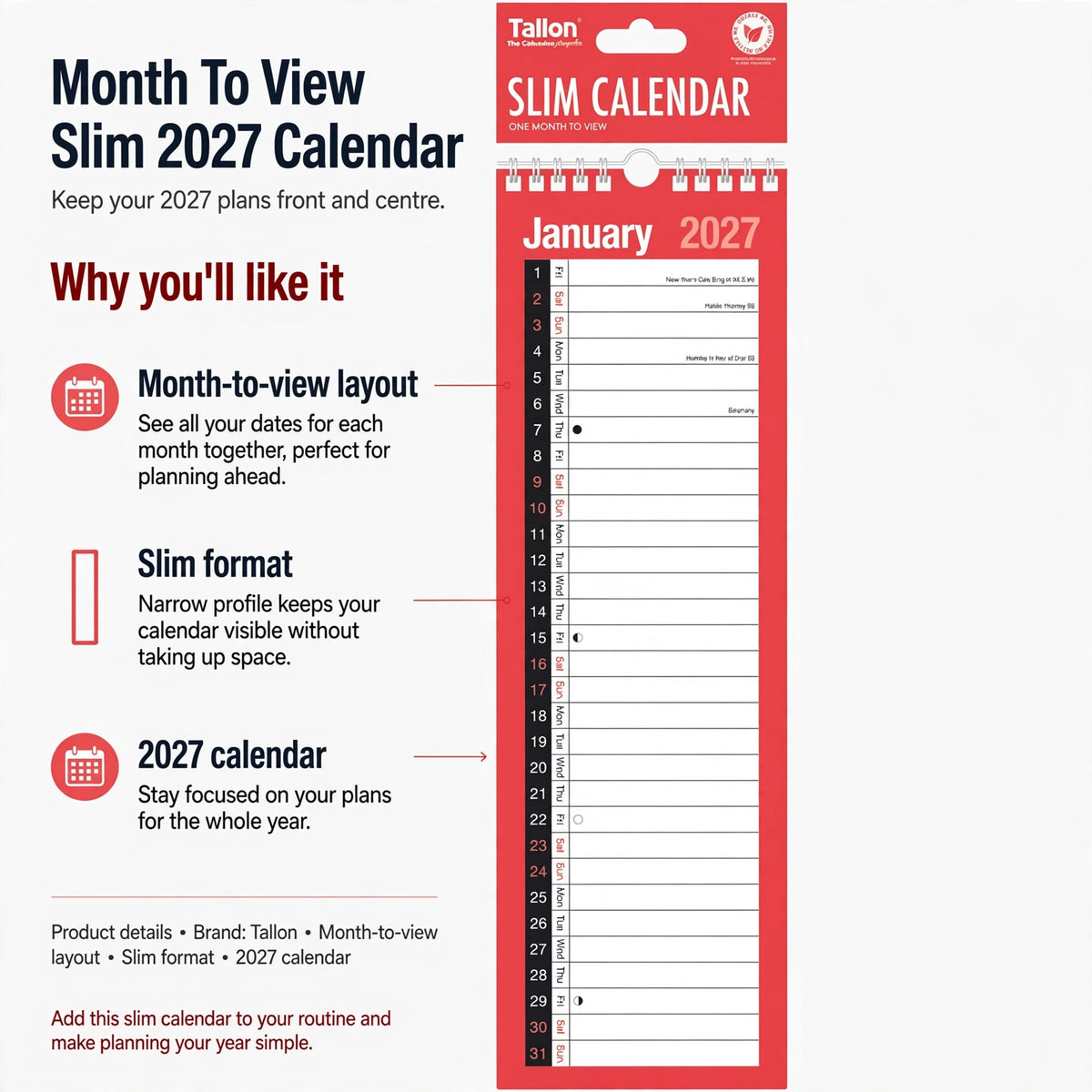Infographic showing month-to-view layout, slim format, and 2027 coverage features