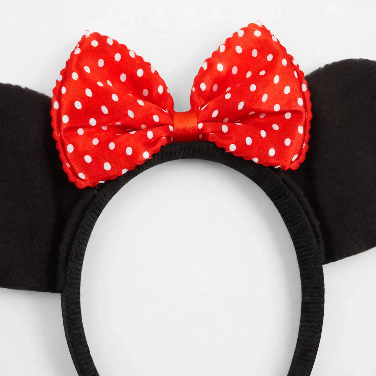 Close-up view of Mouse Ears Headband featuring black ears and red bow