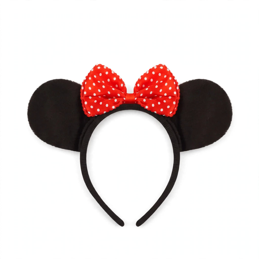 Mouse Ears Headband with black ears and red bow on a rigid headband