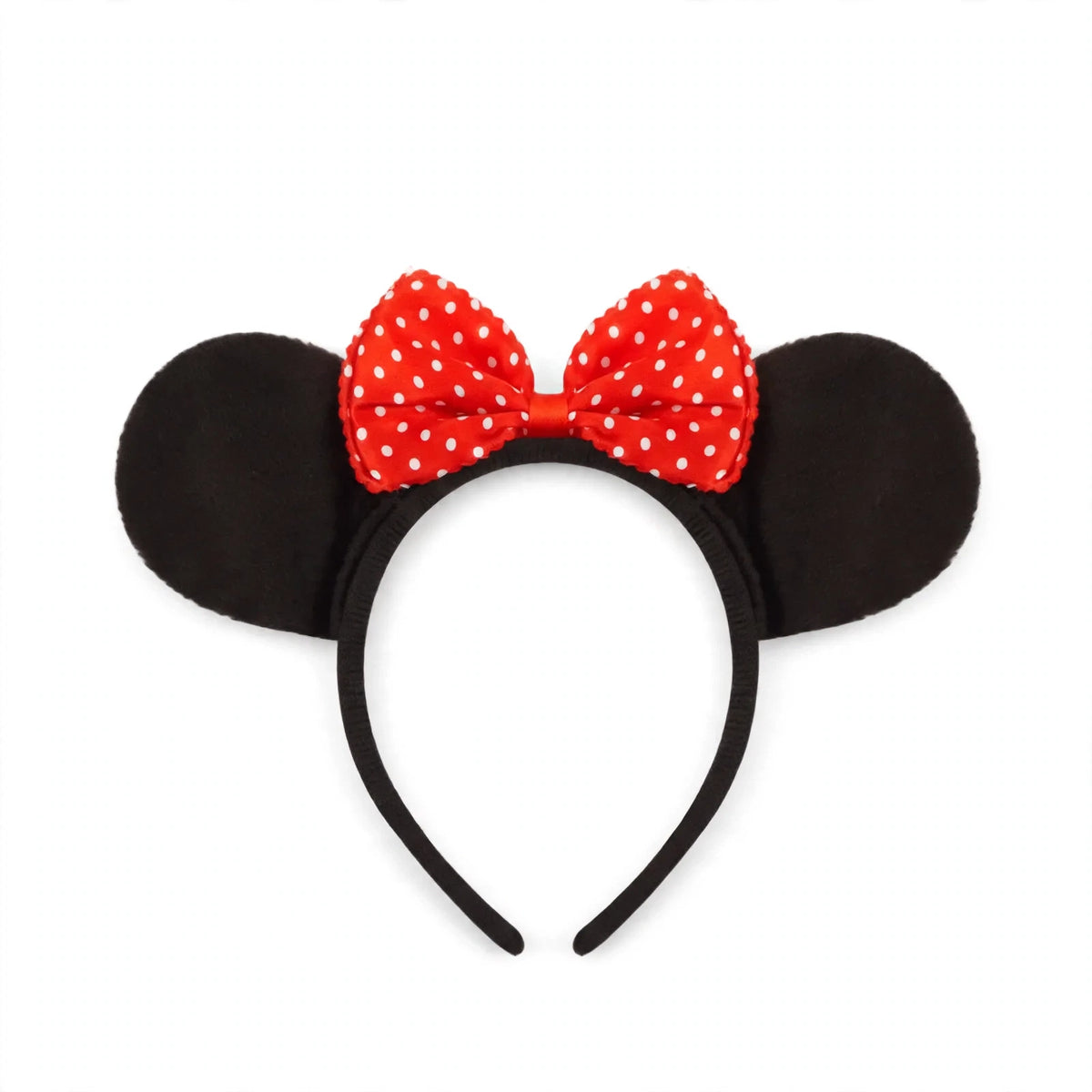 Mouse Ears Headband with black ears and red bow on a rigid headband