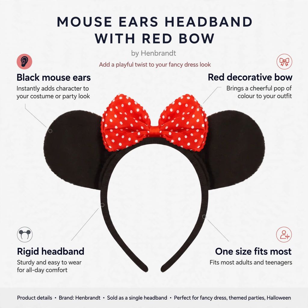 Infographic showing black mouse ears, red decorative bow, rigid headband, and one size fits most