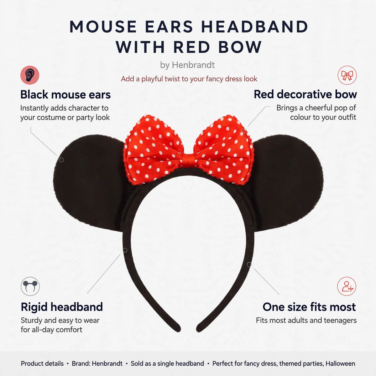 Infographic showing black mouse ears, red decorative bow, rigid headband, and one size fits most
